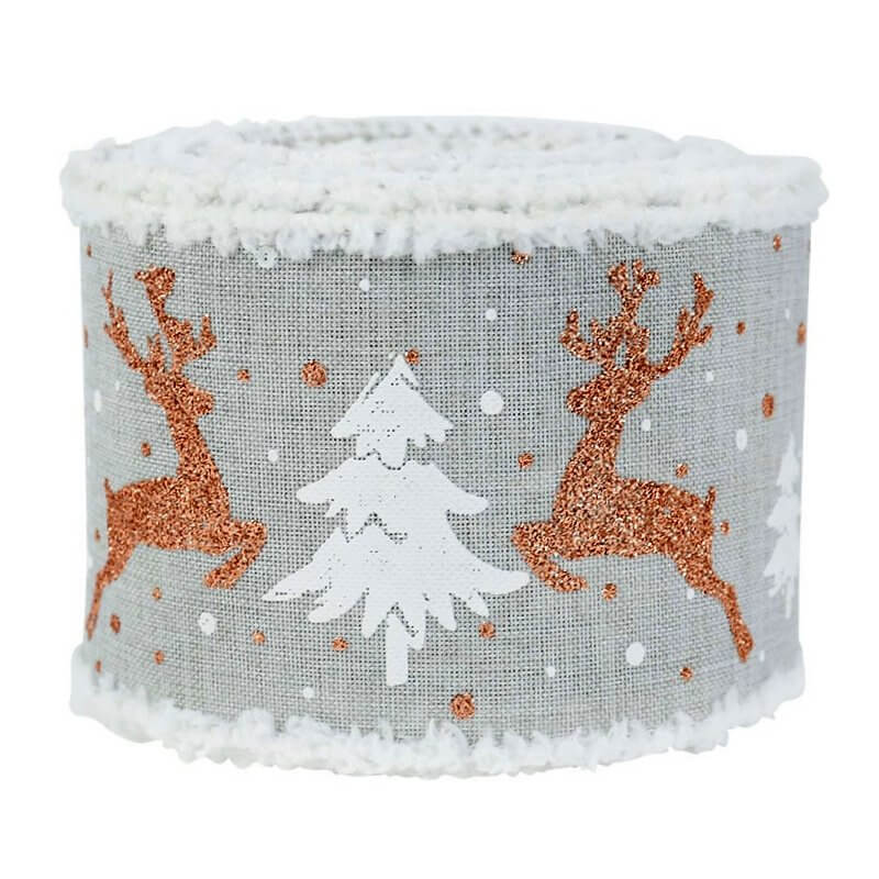 Wired Christmas Tree & Reindeer Hessian Burlap Ribbon Roll - grey