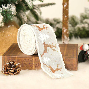 Wired Christmas Tree & Reindeer Hessian Burlap Ribbon Roll - grey