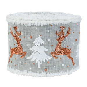 Wired Christmas Tree & Reindeer Hessian Burlap Ribbon Roll - White