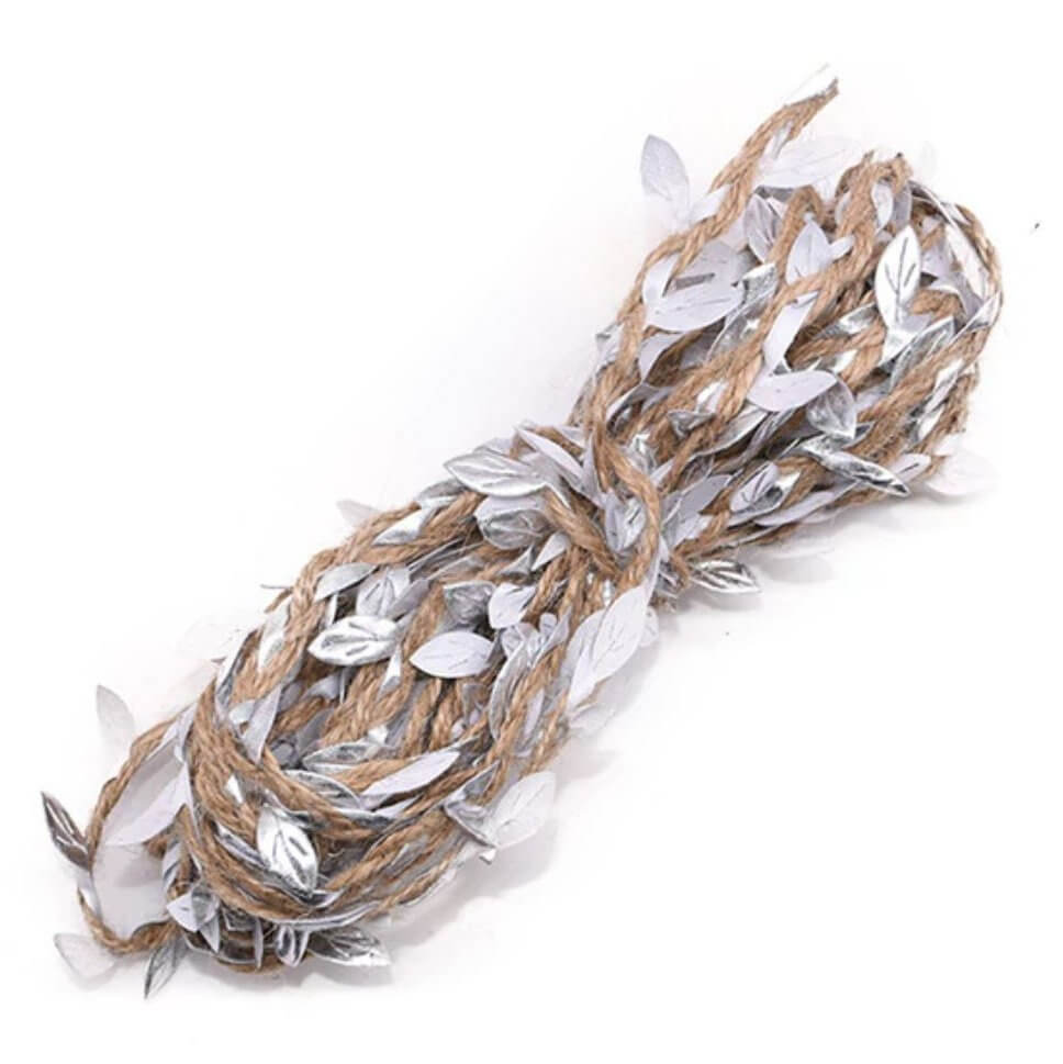 5m Artificial  Light silver Leaf Hessian Burlap Trim Ribbon Roll