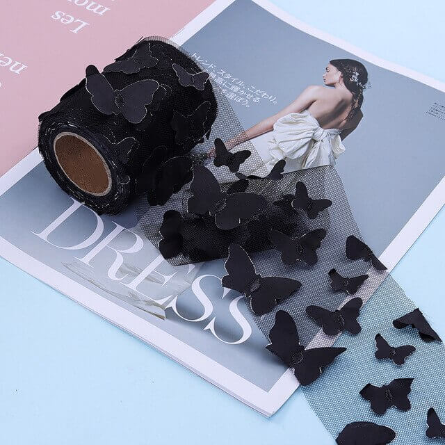 3D Butterfly Pattern Mesh Organza Ribbon Roll - Black