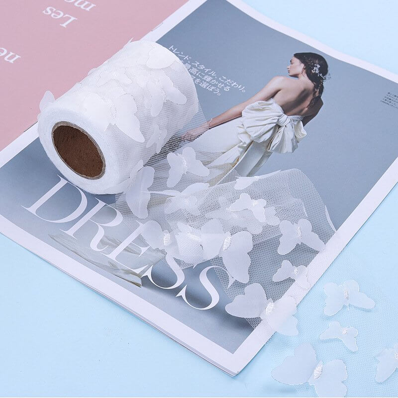3D Butterfly Pattern Mesh Organza Ribbon Roll - White