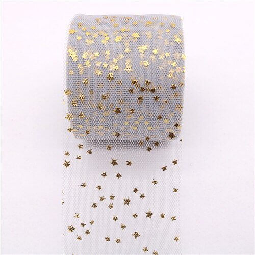 Gold Star Grey Mesh Organza Ribbon Roll