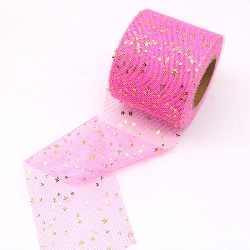 Gold Star Hot Pink Mesh Organza Ribbon Roll - 6cm x 25 yards