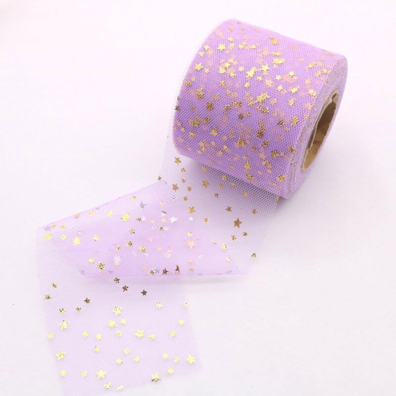 Gold Star Purple Mesh Organza Ribbon Roll - 6cm x 25 yards