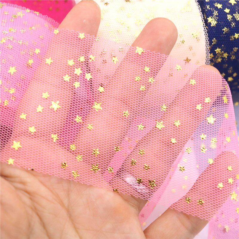 6cm x 25 yards Gold Star Pink Mesh Organza Ribbon Roll - Gift Wrapping Supplies