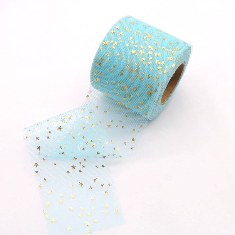 Gold Star Sky Blue Mesh Organza Ribbon Roll - 6cm x 25 yards