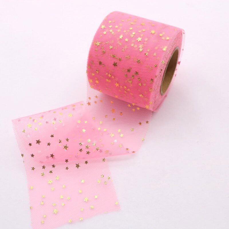 Gold Star Watermelon Red Mesh Organza Ribbon Roll - 6cm x 25 yards