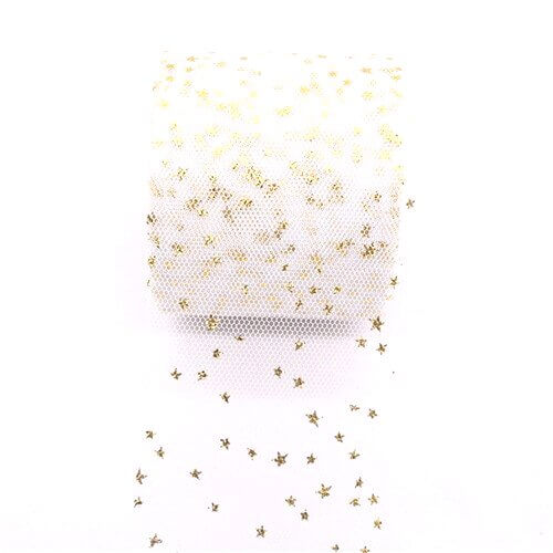 6cm x 25 yards Gold Star White Mesh Organza Ribbon Roll - Gift Wrapping Supplies
