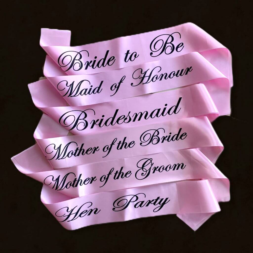 Pink Bachelorette Party Satin Sash with Black Writing