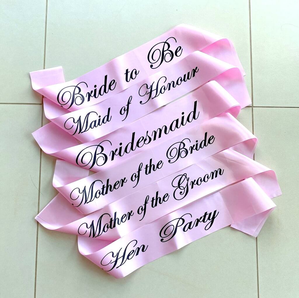 Pink Bachelorette Party Satin Sash with Black Writing