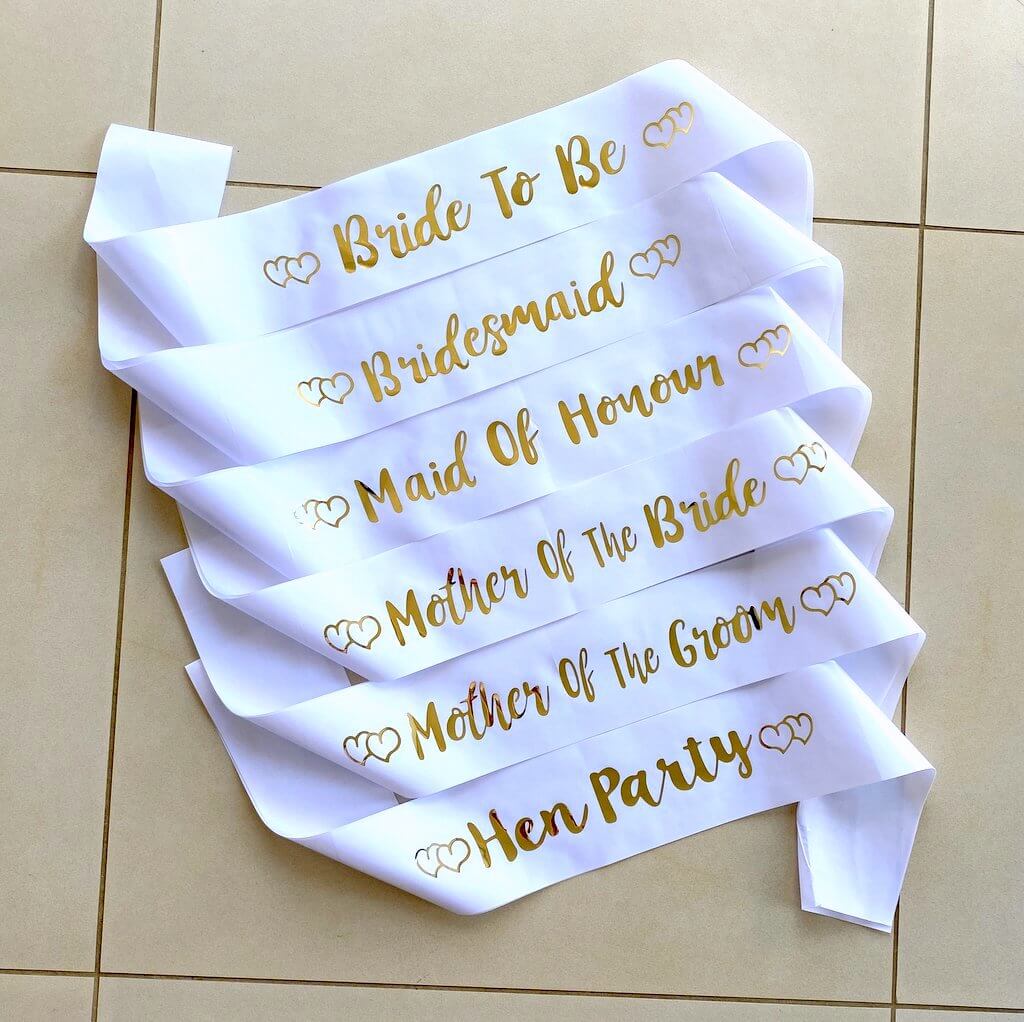 White Bachelorette Party Sashes with Gold Foil Print