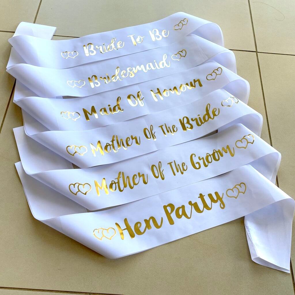 White Bachelorette Party Sashes with Gold Foil Print