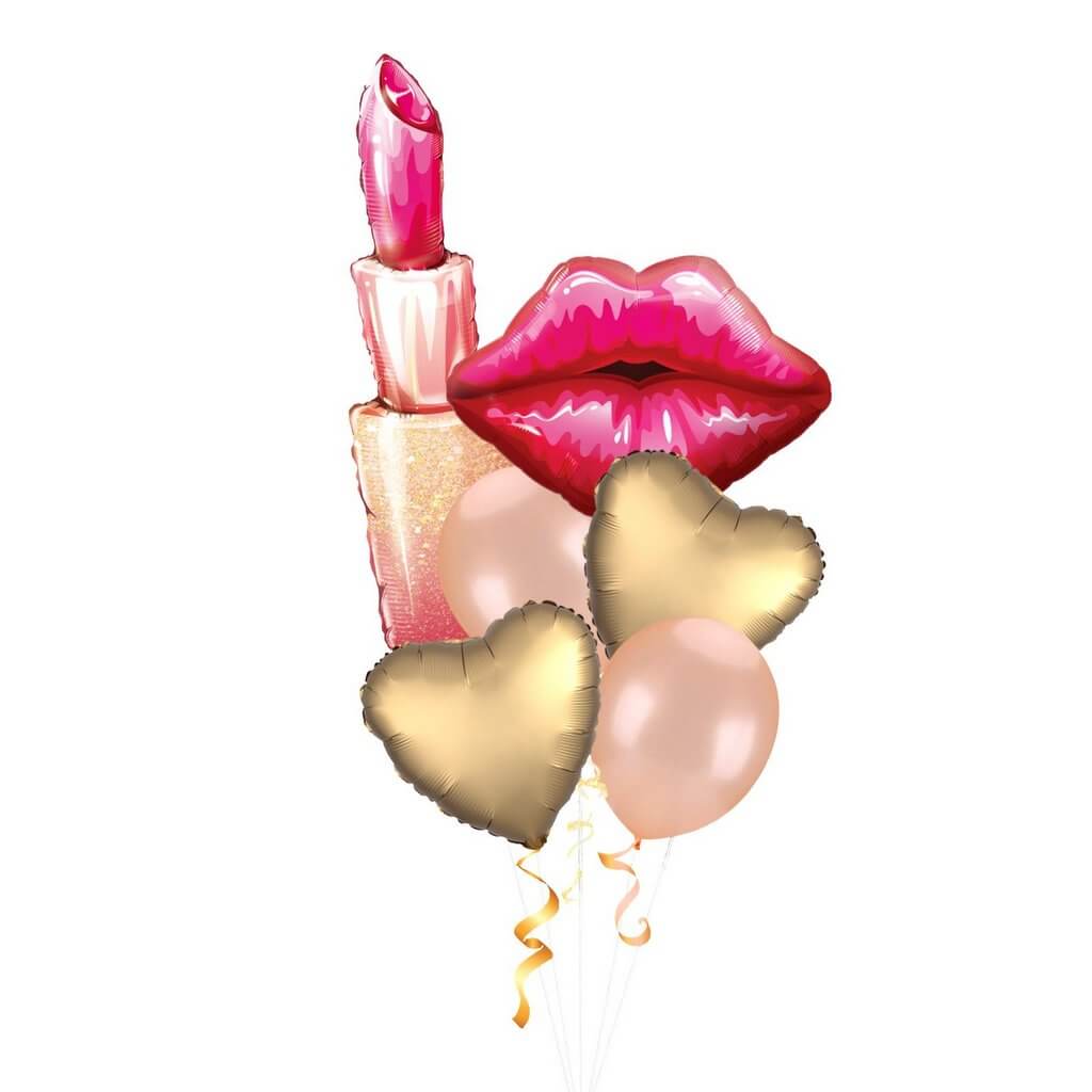 Lipstick, Red Lip & Chrome Gold Heart Balloon Bouquet - 6 pieces
