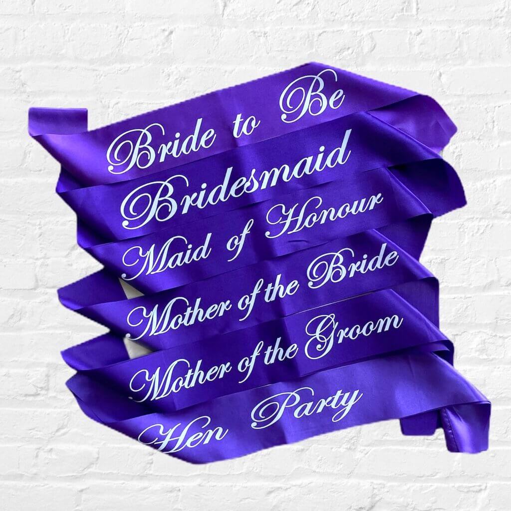 Purple Bridal Party Sashes with White Writing