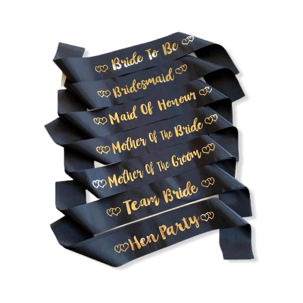 Black Bachelorette Party Sashes with Gold Foil Print