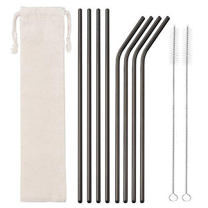 8 Pack Black Stainless Steel Drinking Straws + Cleaning Brush & Natural Canvas Storage Pouch - Online Party Supplies