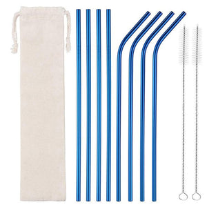 8 Pack Blue Stainless Steel Drinking Straws + Cleaning Brush & Natural Canvas Storage Pouch - Online Party Supplies