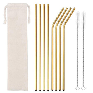 8 Pack Gold Stainless Steel Drinking Straws + Cleaning Brush & Natural Canvas Storage Pouch - Online Party Supplies