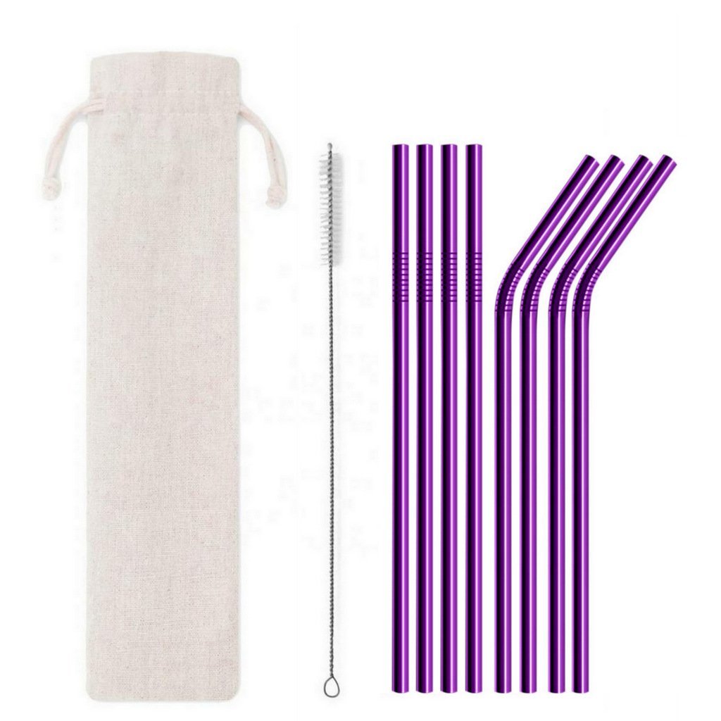 8 Pack Purple Stainless Steel Drinking Straws + Cleaning Brush & Natural Canvas Storage Pouch - Online Party Supplies