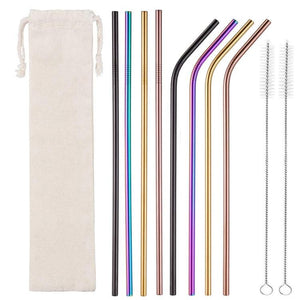 8 Pack Rainbow, Rose Gold, Black and Gold Stainless Steel Drinking Straws + Cleaning Brush & Natural Canvas Storage Pouch - Online Party Supplies