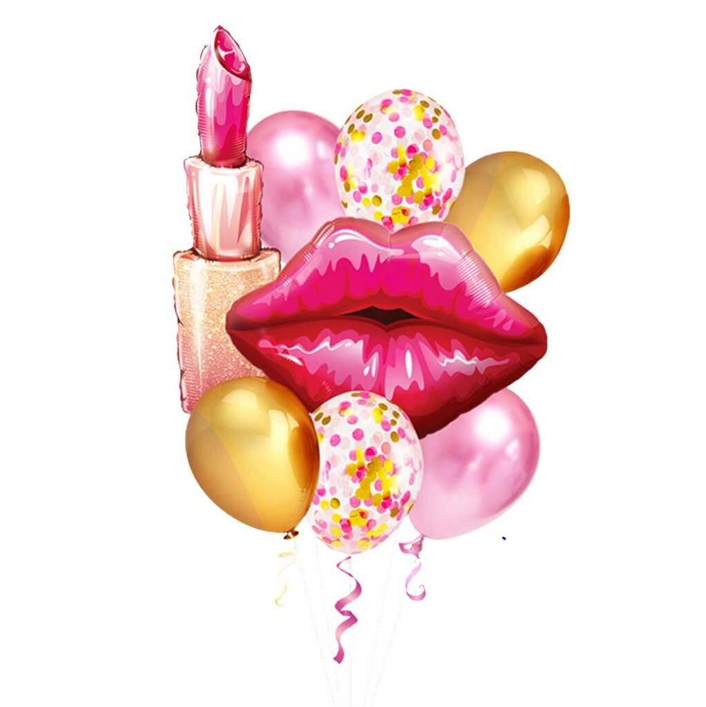 Lipstick, Red Lip Foil & Pink, Chrome Gold and Confetti Latex Balloon Bouquet - 8 pieces