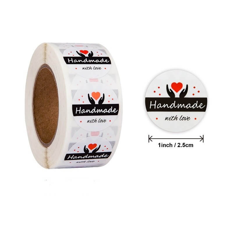 2.5cm Round Handmade With Love Two Hands Holding Red Heart Sticker 50 Pack - A09