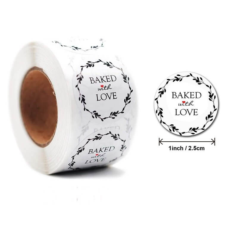 2.5cm Round Wheat Wreath Baked With Love Sticker 50 Pack - A11