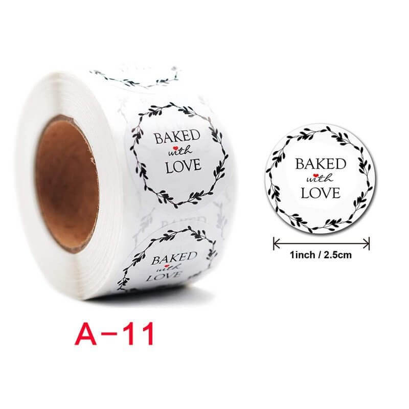 2.5cm Round Wheat Wreath Baked With Love Sticker 50 Pack - A11