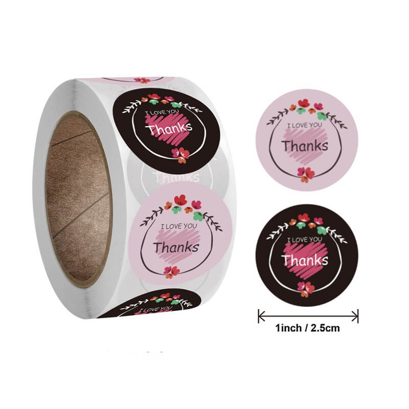 2.5cm Round Pink & Black Floral I Love You Thanks Sticker 50 Pack - A136