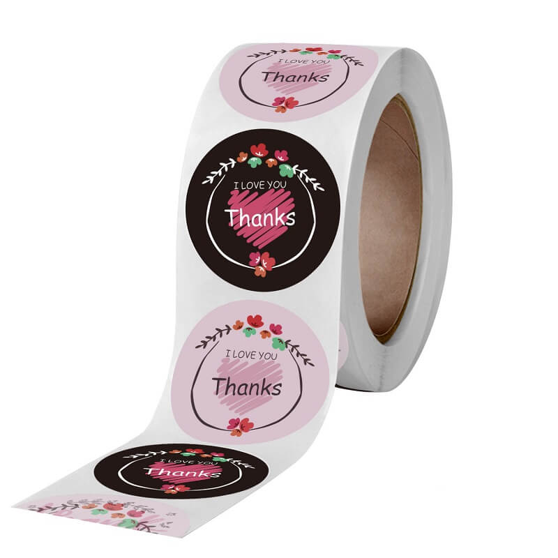 2.5cm Round Pink & Black Floral I Love You Thanks Sticker 50 Pack - A136