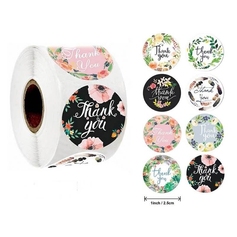 2.5cm Round Floral Wreath Thank You Sticker 6 Design 50 Pack - A17