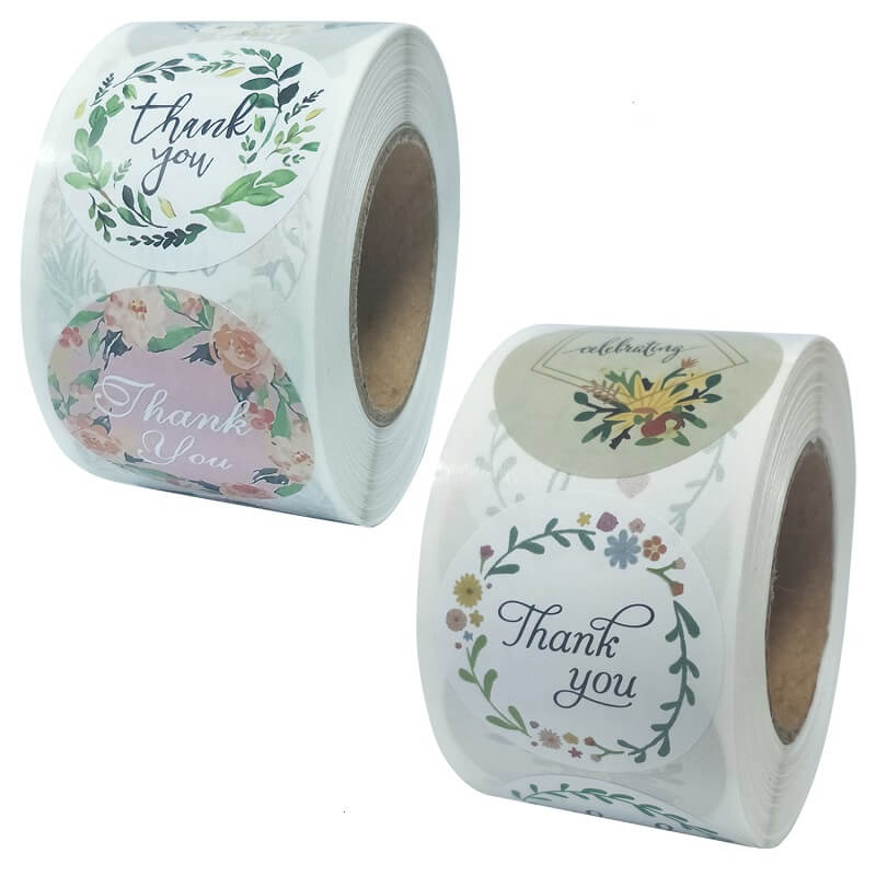 3.8cm Round Floral Wreath Thank You Sticker 6 Design 50 Pack - A17