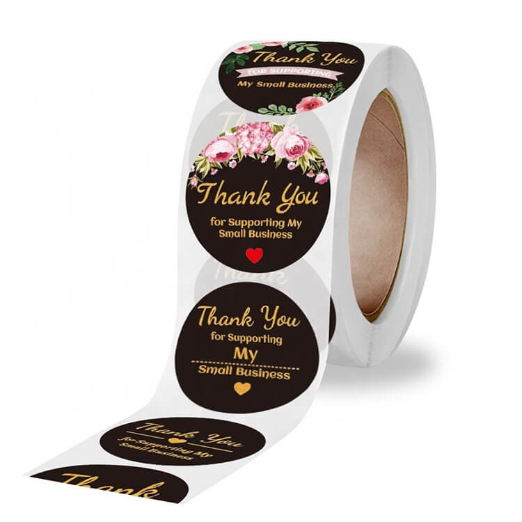 2.5cm Round Black Thank You For Supporting My Small Business Gold Print Sticker 9 Design 50 Pack - A195