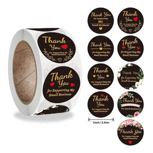 2.5cm Round Black Thank You For Supporting My Small Business Gold Print Sticker 9 Design 50 Pack - A195