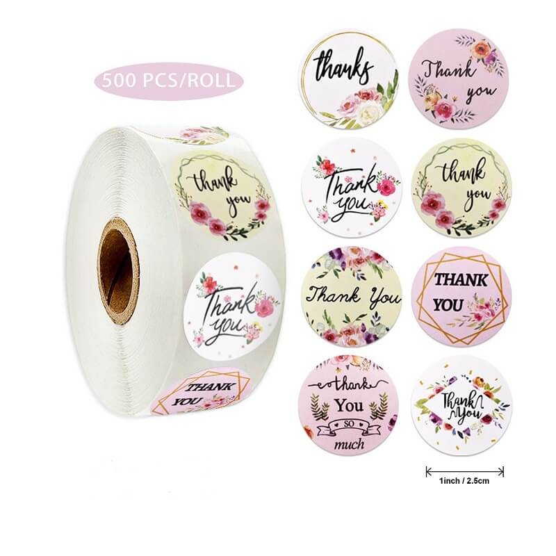 2.5cm Round Floral Thank You Sticker 8 Design 50 Pack - A33