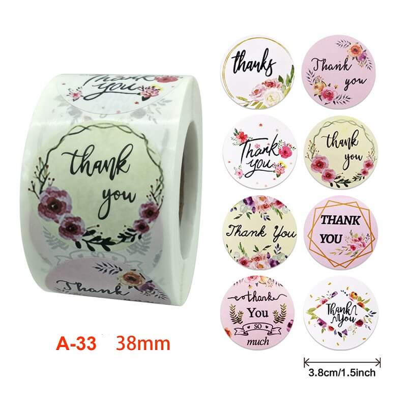 3.8cm Round Floral Thank You Sticker 8 Design 50 Pack - A33
