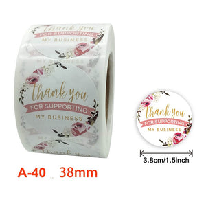 3.8cm Round Pink Peony Wreath Thank You Sticker 50 Pack - A40