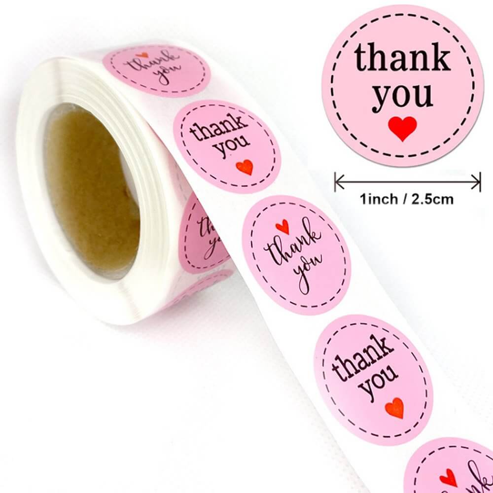 2.5cm Round Purple Thank You Sticker with Red Heart 50 Pack - A56