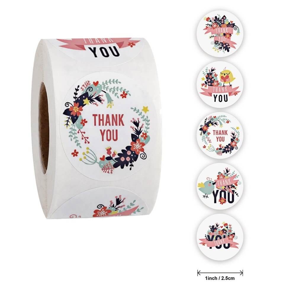 2.5cm Round Floral Wreath Thank You Sticker 5 Design 50 Pack - A57