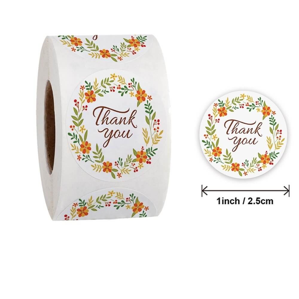 2.5cm Round Floral Wreath Thank You Sticker 50 Pack - A58