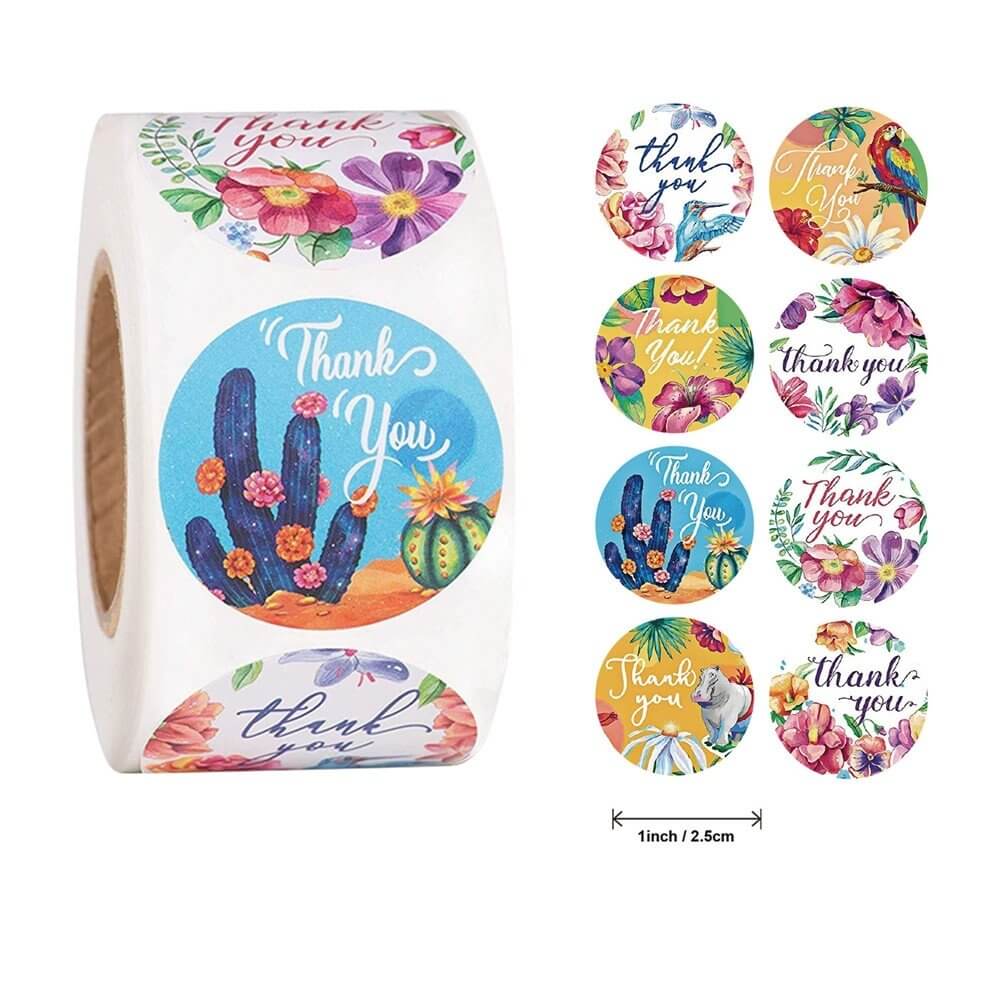 2.5cm Round Tropical Thank You Sticker 8 Design 50 Pack - A59