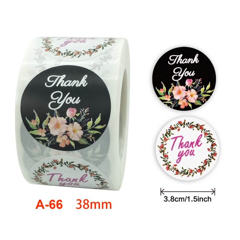 3.8cm Round Black White Peony Wreath Thank You Sticker 50 Pack - A66-38