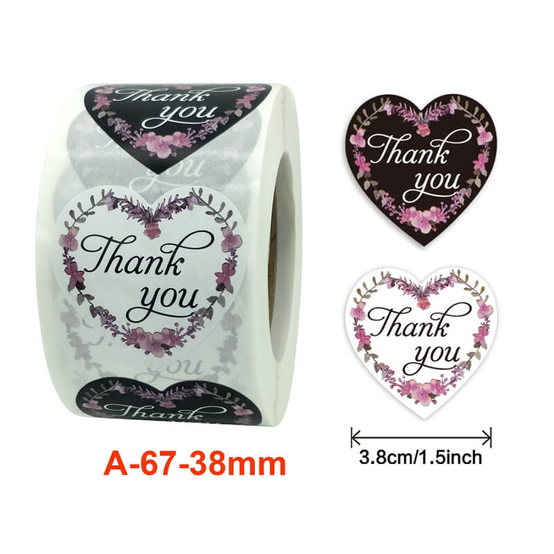 3.8cm Heart Cherry Blossom Flower Wreath Thank You Sticker 50 Pack - A67-38