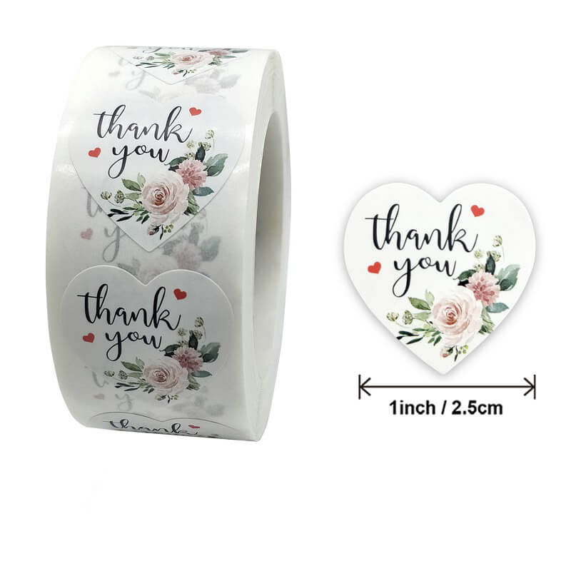 2.5cm Heart Shaped Peony Wreath Thank You Sticker 50 Pack - A81