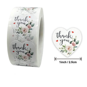 2.5cm Heart Shaped Peony Wreath Thank You Sticker 50 Pack - A81