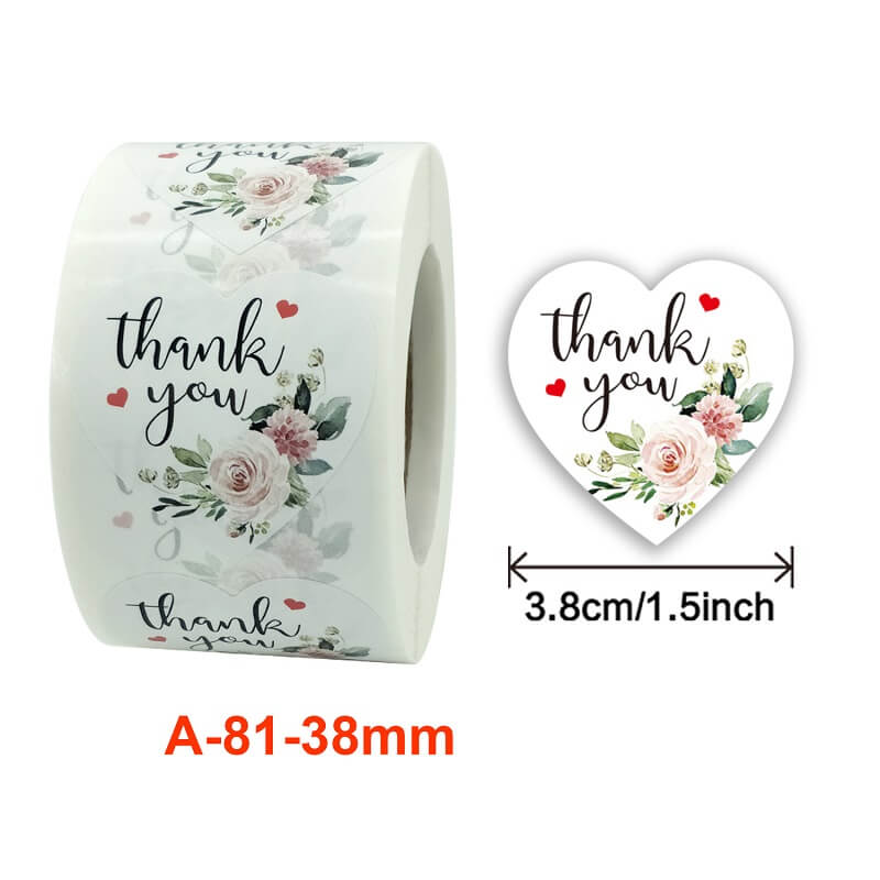 3.8cm Heart Shaped Peony Wreath Thank You Sticker 50 Pack - A81-Heart