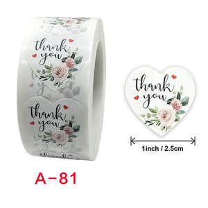 2.5cm Heart Shaped Peony Wreath Thank You Sticker 50 Pack - A81