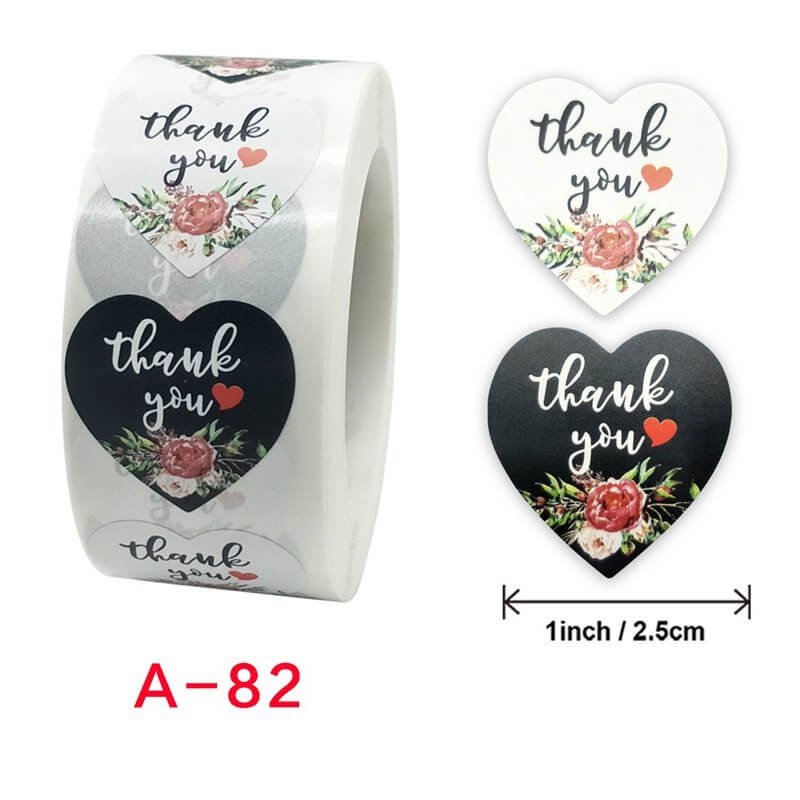 2.5cm Heart Shaped Peony Bouquet Thank You Sticker 50 Pack - A82