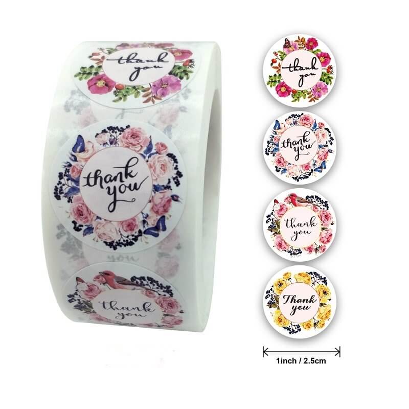 2.5cm Round Colourful Floral Wreath Thank You Sticker 50 Pack - A92